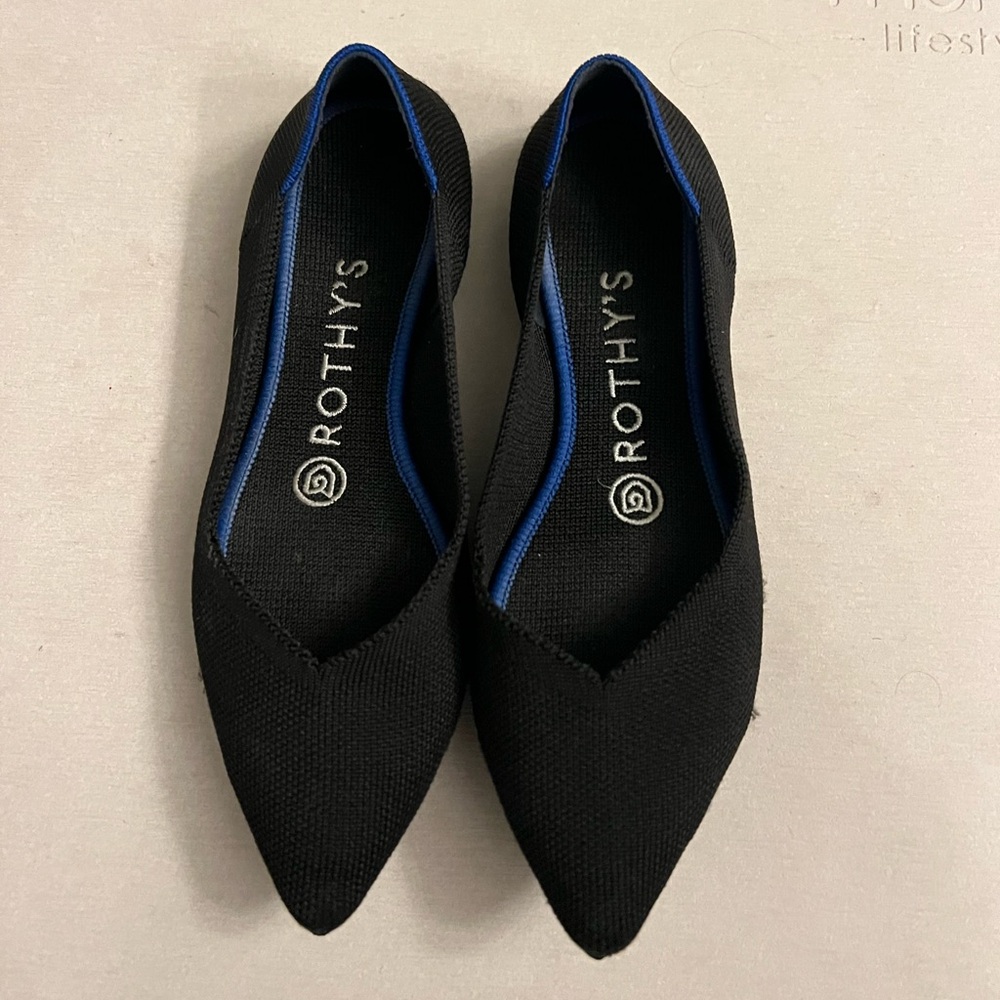 Rothy's Black Pointed Flats with Blue Trim
